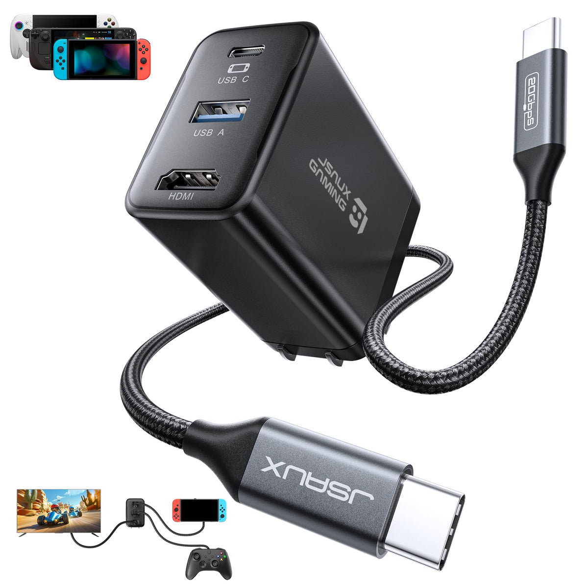 JSAUX dock front view showing ports and compact design, ideal for travel
