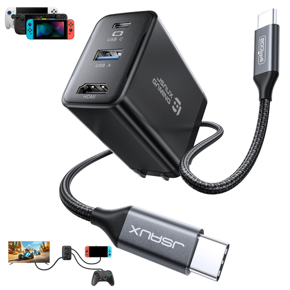 JSAUX dock front view showing ports and compact design, ideal for travel