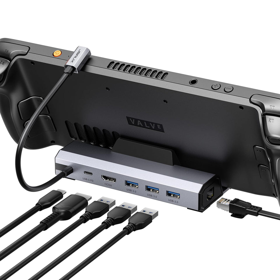 JSAUX dock front view showing compact dock and HDMI output benefit of clean setup
