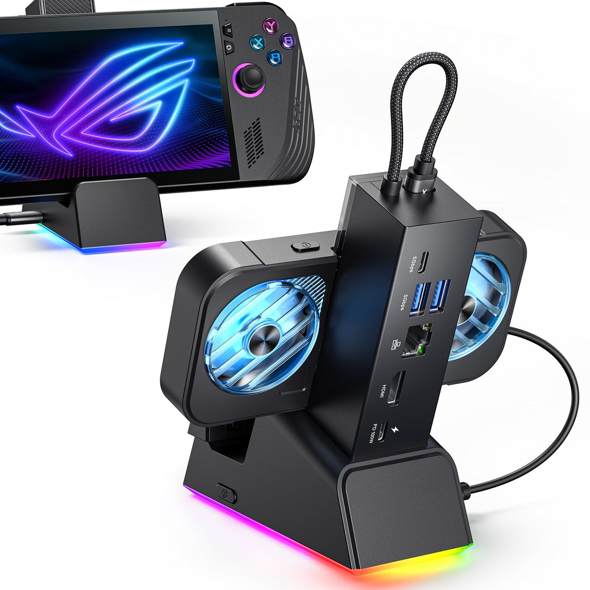 JSAUX dock front view showing ports and clean profile for versatile gaming setup