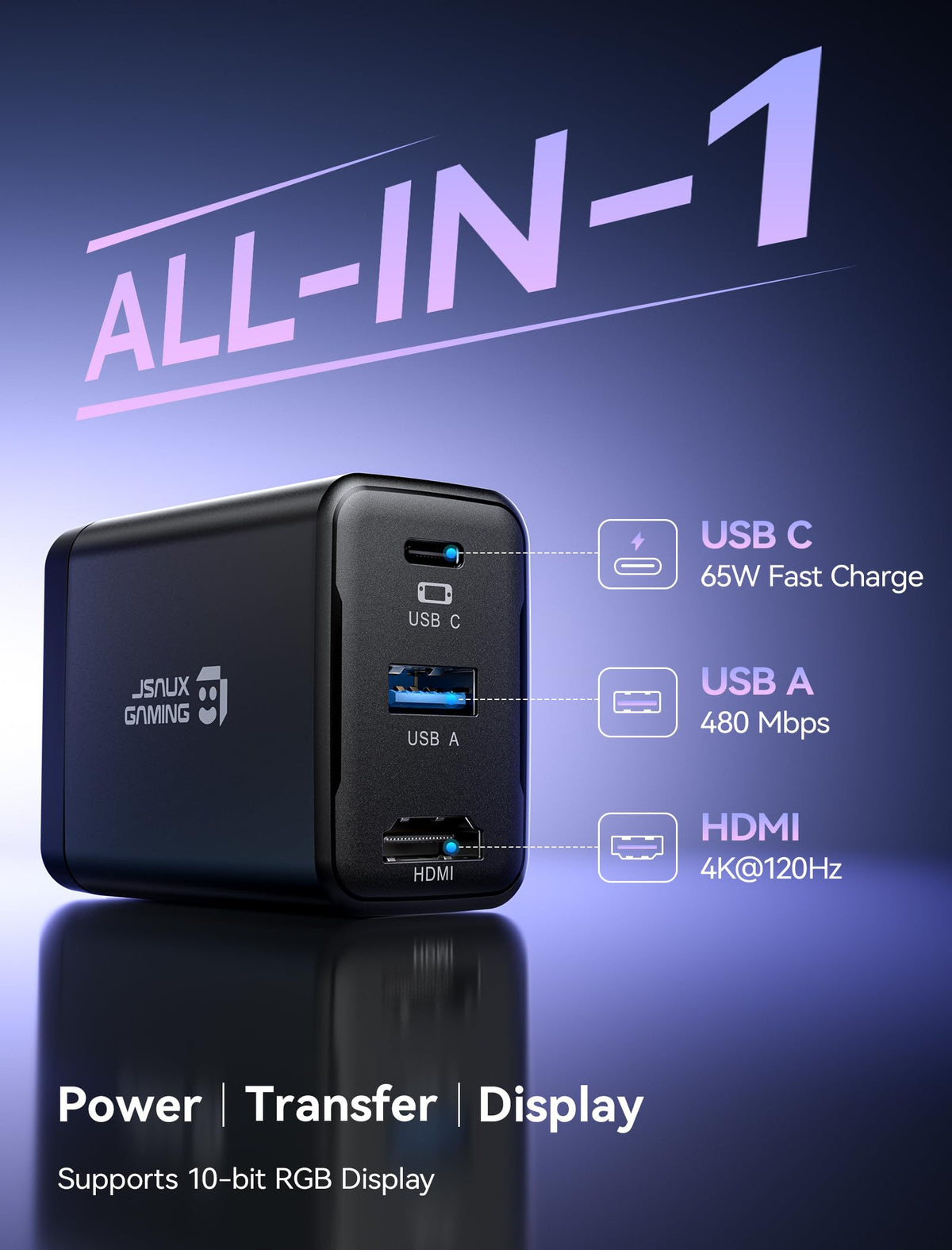 JSAUX dock connected to TV via HDMI showing big-screen gaming capability
