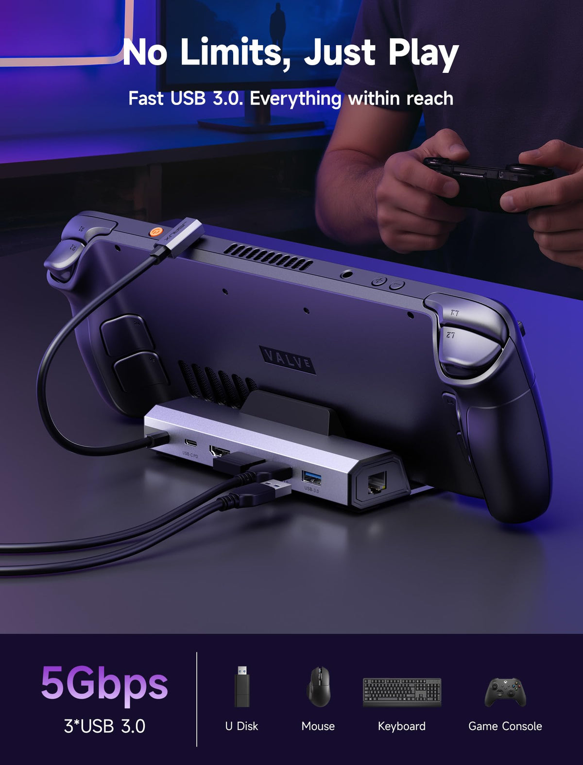 JSAUX dock USB ports with keyboard and mouse showing seamless peripheral expansion