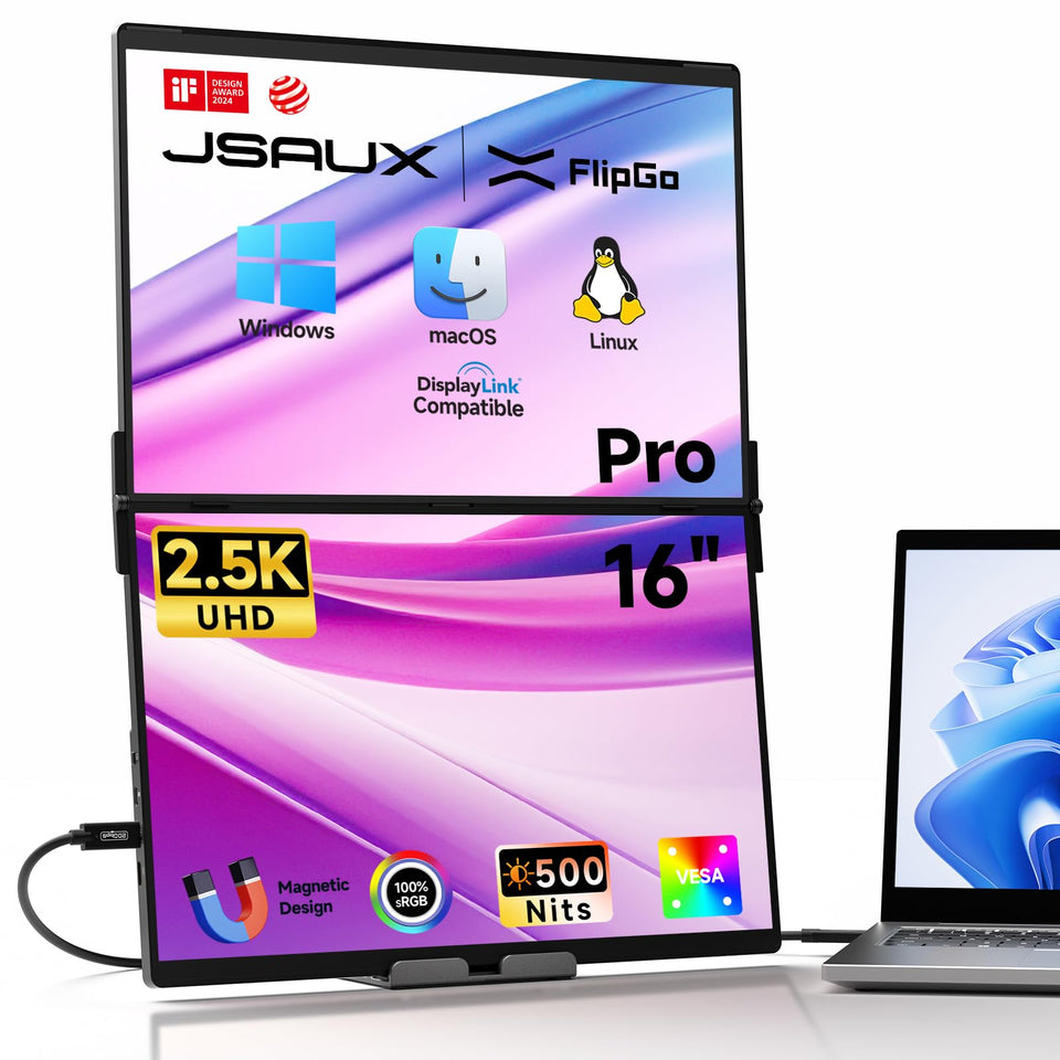 JSAUX FlipGo Pro 16 dual-monitor setup enabling multitasking with extended desktop