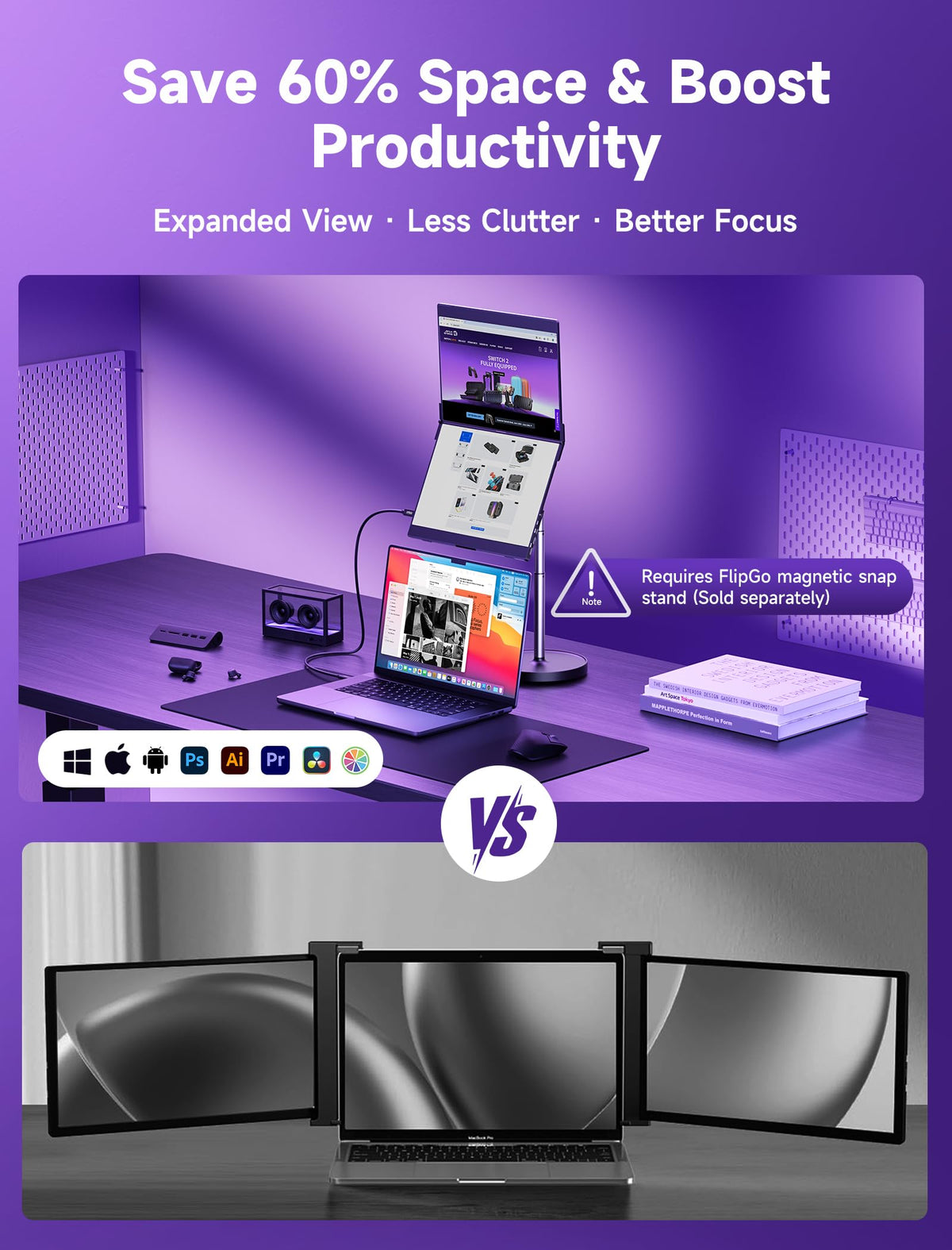 ABC triple-display extends workspace for multitasking across three screens.
