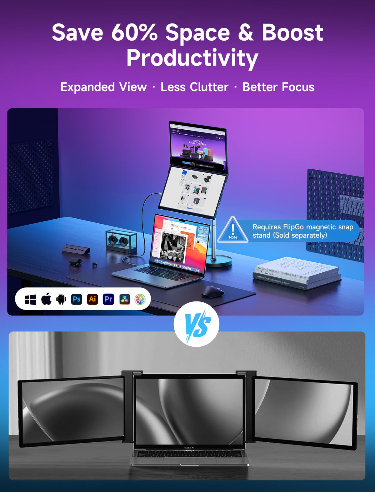 JSAUX FlipGo Pro built-in hub ports simplify connection and desk cleanliness.