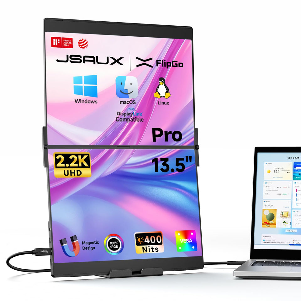 JSAUX FlipGo Pro dual-monitor setup boosts on-the-go productivity.