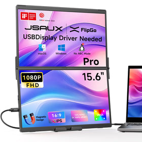 JSAUX FlipGo Pro front view shows a dual monitor setup for on-the-go productivity.