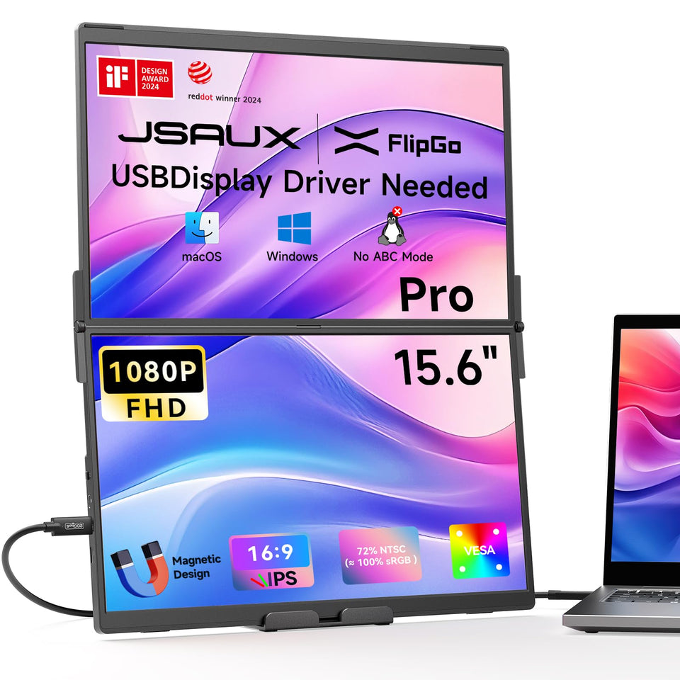 JSAUX FlipGo Pro front view shows a dual monitor setup for on-the-go productivity.