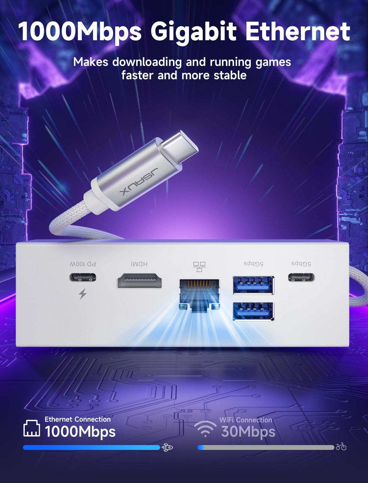 JSAUX dock next to controller for scale showing compact travel-friendly size