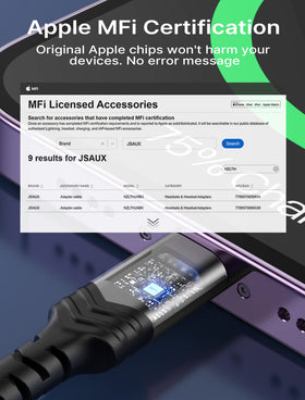 JSAUX Apple MFi certification label shown for secure iPhone compatibility