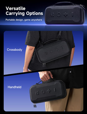 JSAUX case next to a backpack illustrating compact size for commuting and packing ease