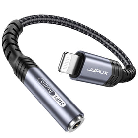 JSAUX Lightning to 3.5mm adapter with angled connector for secure Apple MFi compatibility.