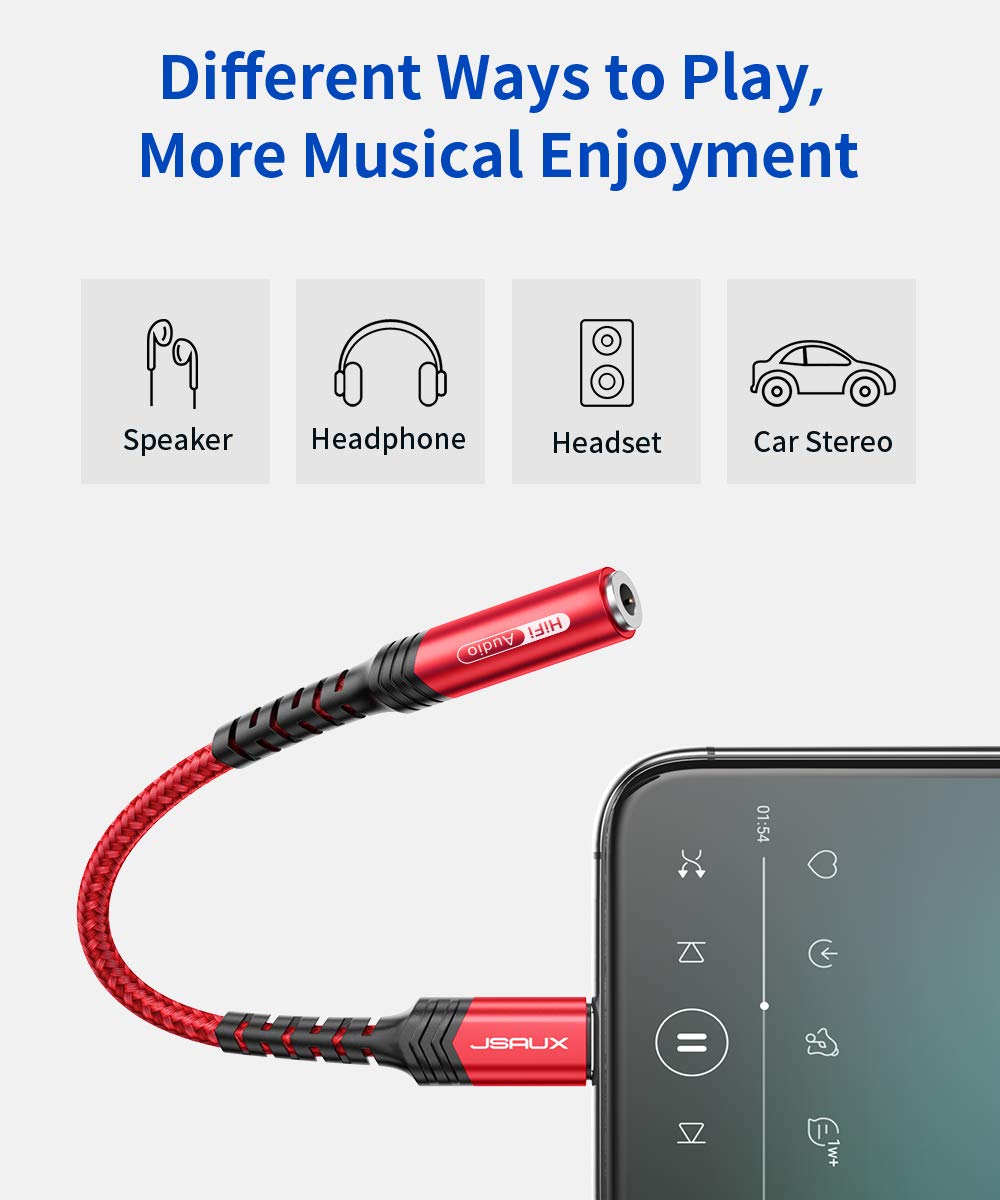 JSAUX adapter shown in use with iPhone for reliable music playback