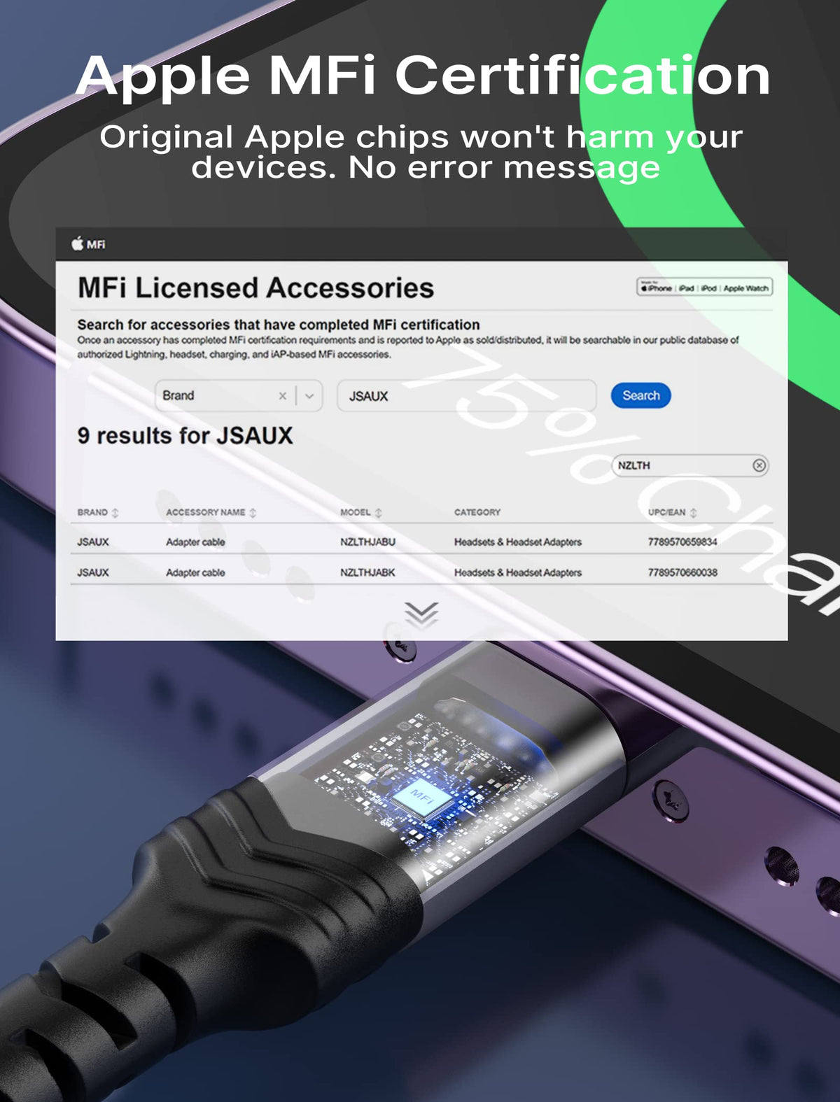 JSAUX adapter connected to an iPhone demonstrates compact, portable audio upgrade.