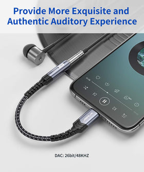 JSAUX Lightning dongle with inline controls for volume and calls.
