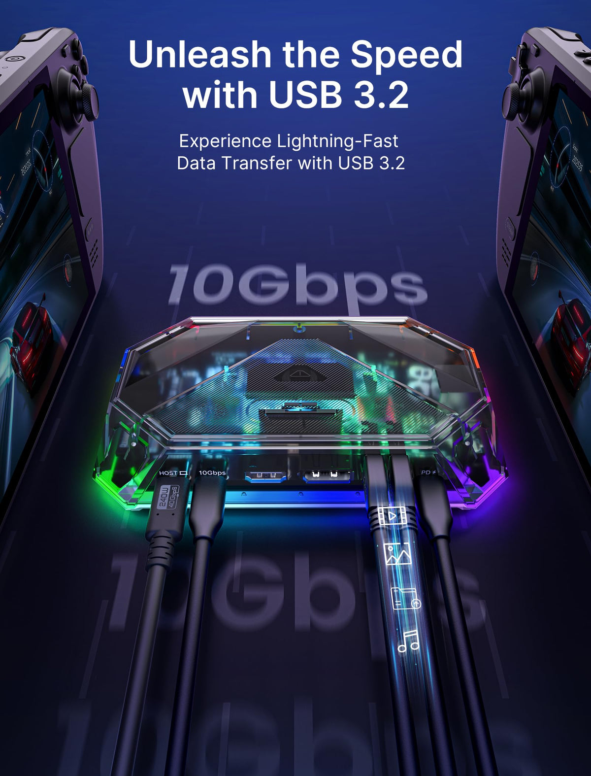 JSAUX RGB Docking Station showing six RGB lighting modes for ambience