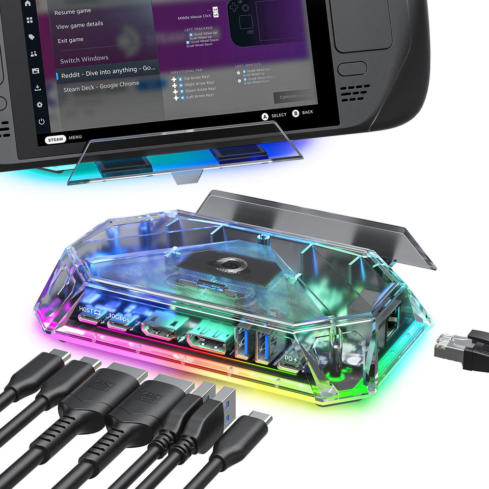 JSAUX RGB Docking Station powering Steam Deck OLED with 4K@120Hz HDMI output for crisp visuals