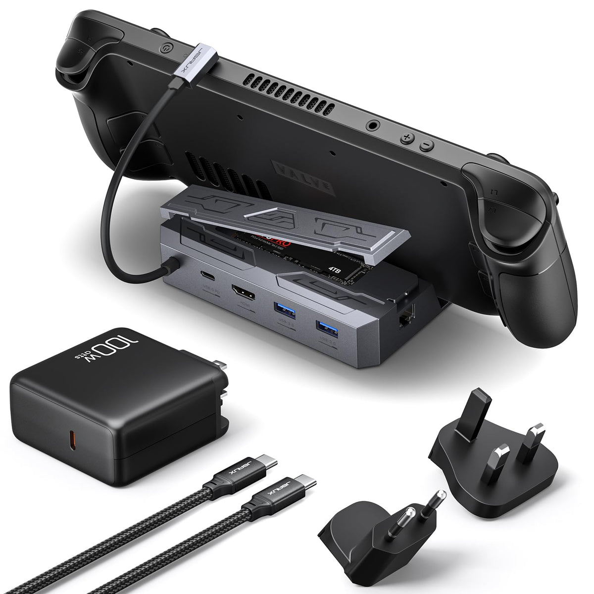 JSAUX Steam Deck Dock with 4K HDMI output for sharp gameplay.