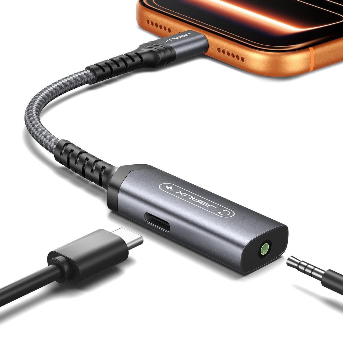 JSAUX USB-C headphone adapter close-up showing 3.5mm jack and charging