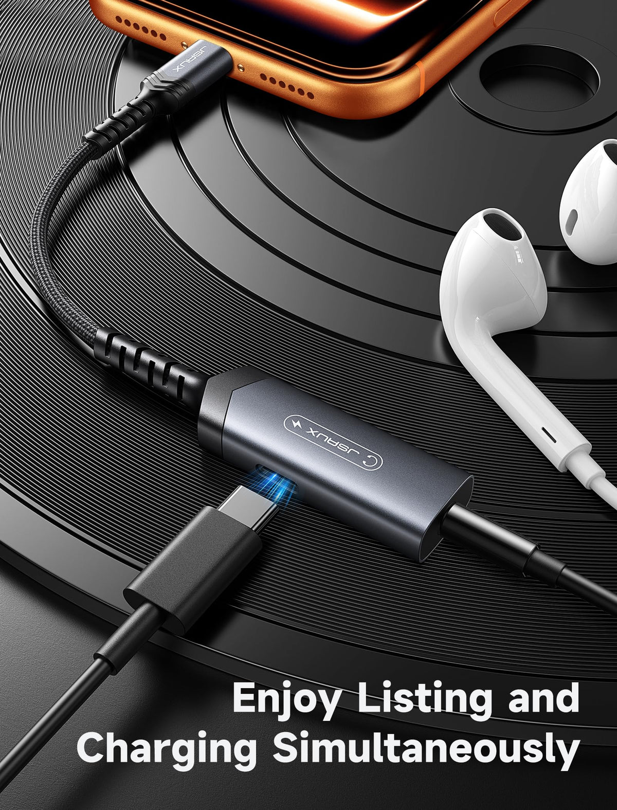 JSAUX adapter in use with iPhone for simultaneous listening and charging