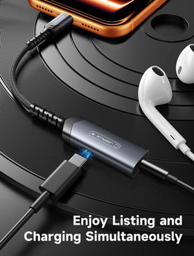 JSAUX adapter in use with iPhone for simultaneous listening and charging
