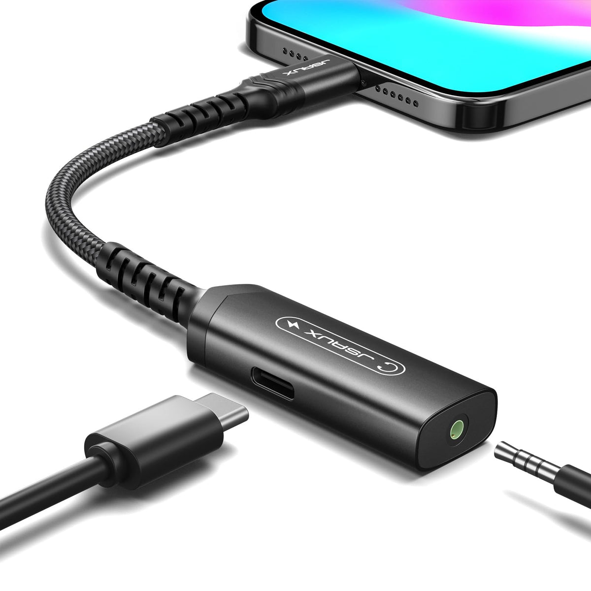 JSAUX USB C to 3.5mm adapter close-up highlighting dual ports for listening and charging.