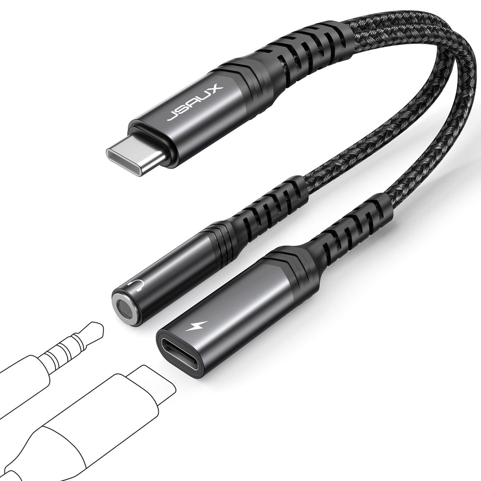 JSAUX USB C to 3.5mm adapter front view shows compact 2-in-1 design for audio and charging