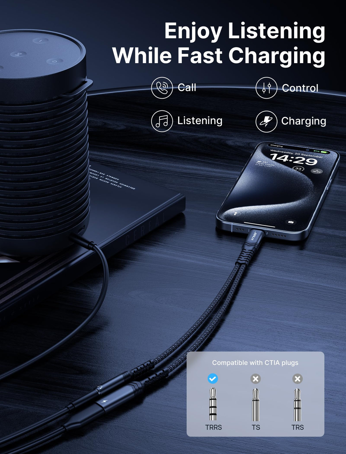 Close-up of 3.5mm jack and USB-C port with smart DAC for clean audio