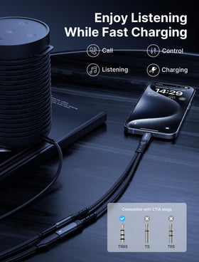 Close-up of 3.5mm jack and USB-C port with smart DAC for clean audio
