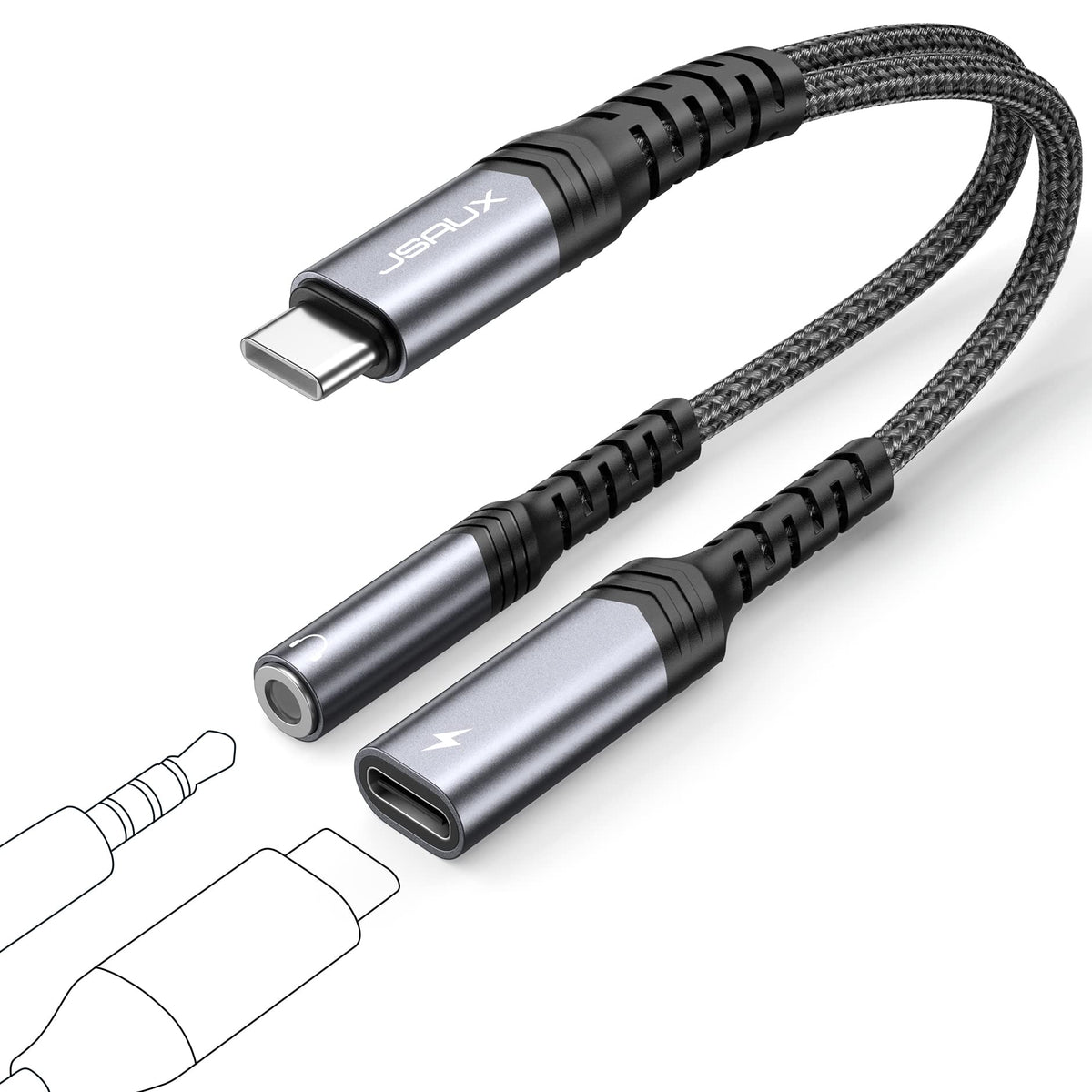 JSAUX USB-C to 3.5mm dongle front view for portable audio on the go.
