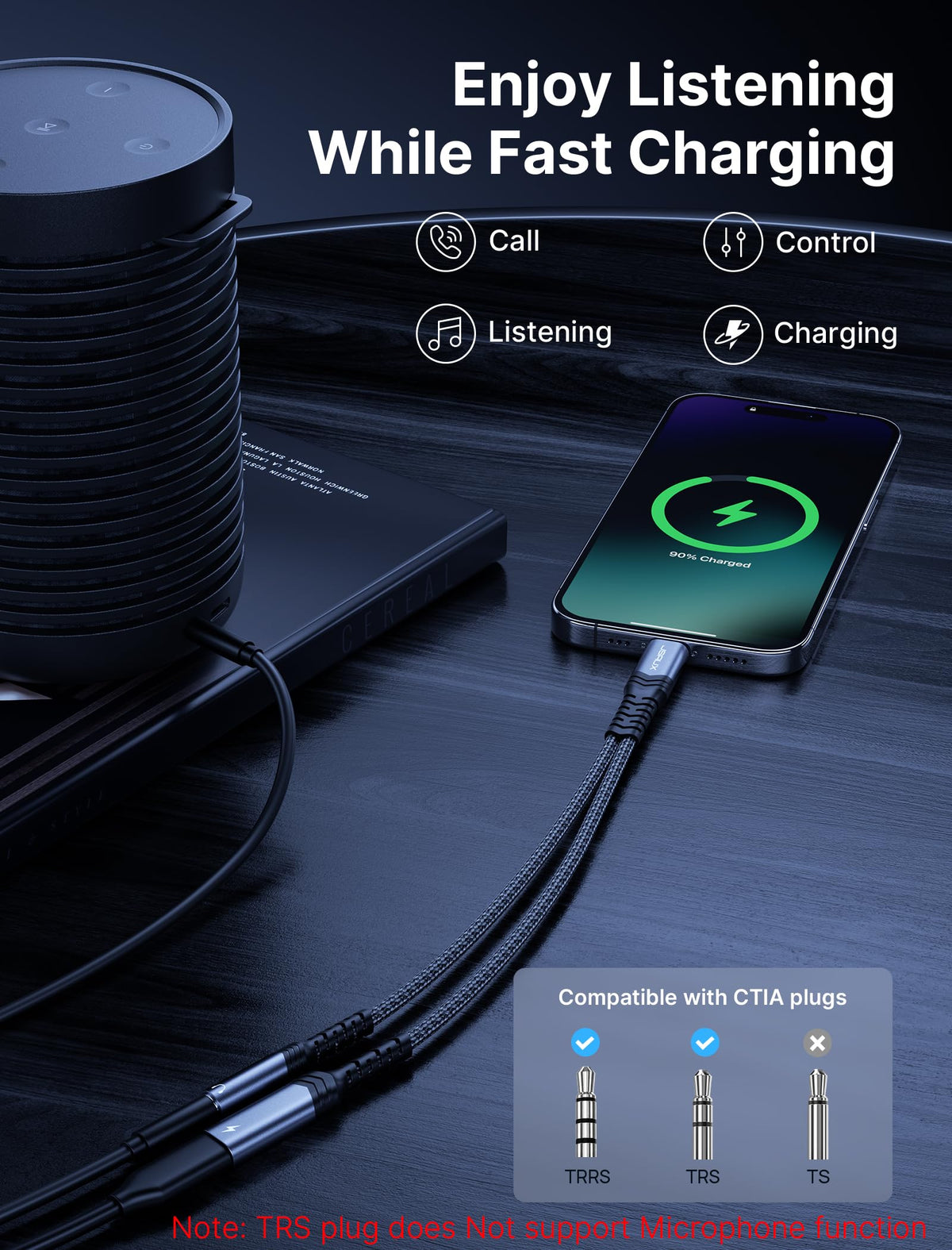 JSAUX USB-C to 3.5mm adapter with side ports for charging while listening.