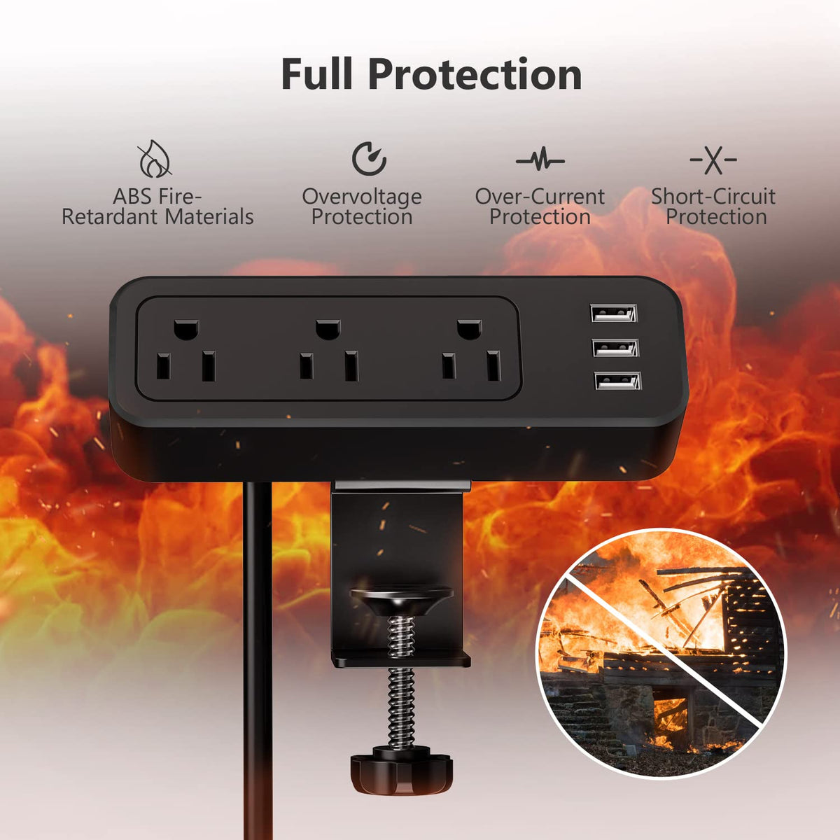 JSVER desk clamp power strip with flame-retardant casing for durability.