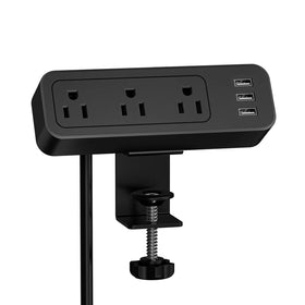 JSVER desk clamp power strip front view showing three outlets for simultaneous charging.