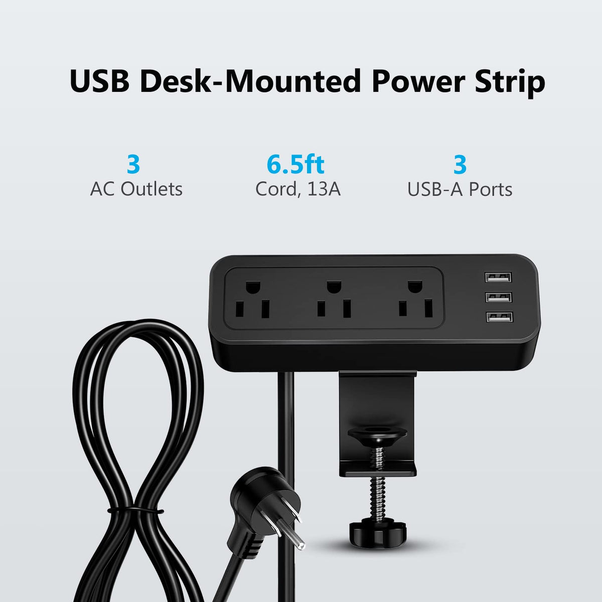JSVER desk clamp power strip USB ports in use with fast charging capability.