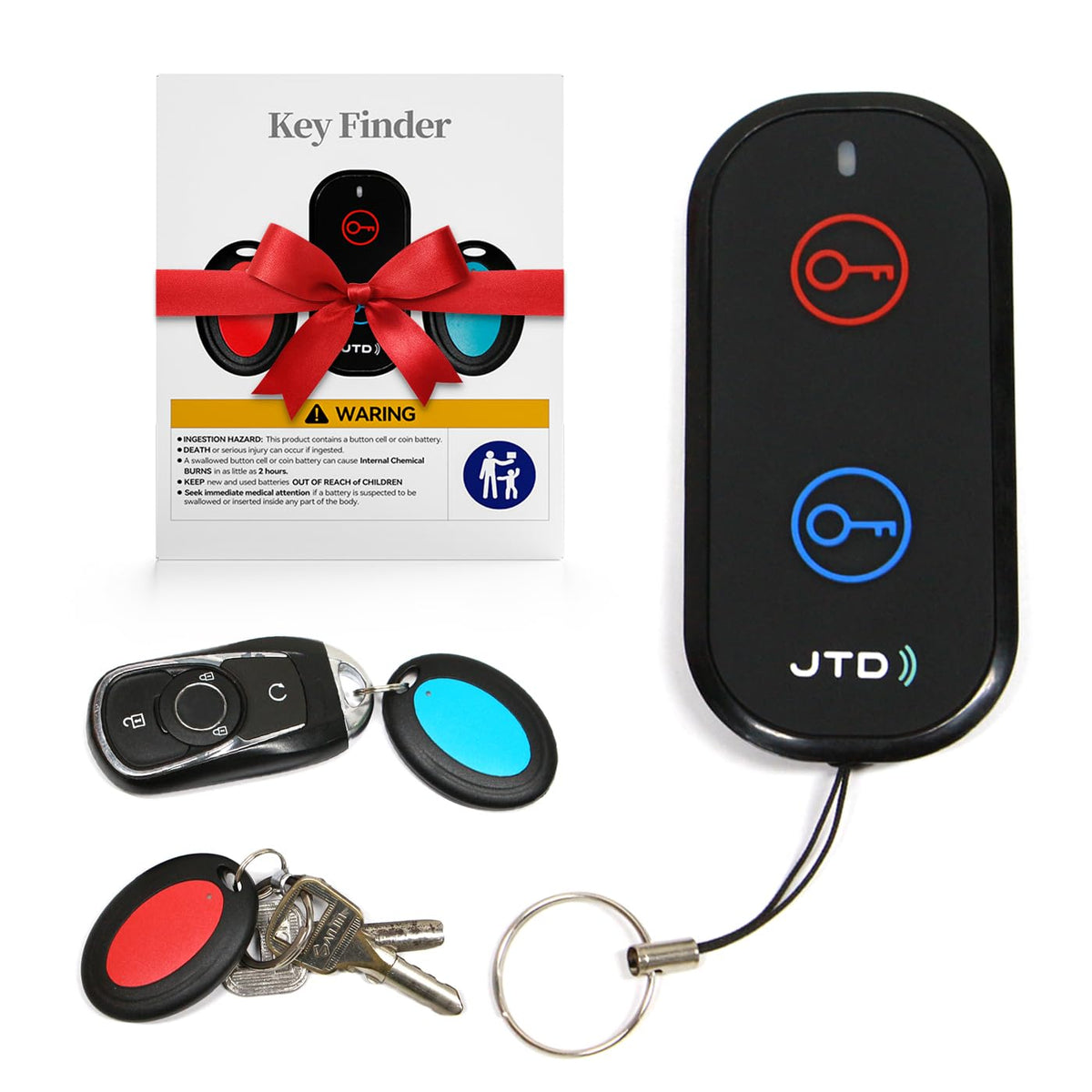 JTD Key Finder keychain emits 85dB beep to locate keys quickly.