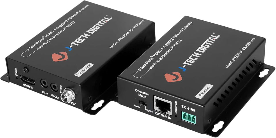 J-Tech Digital 4K HDBaseT extender in action over Cat5e with long, stable transmission.