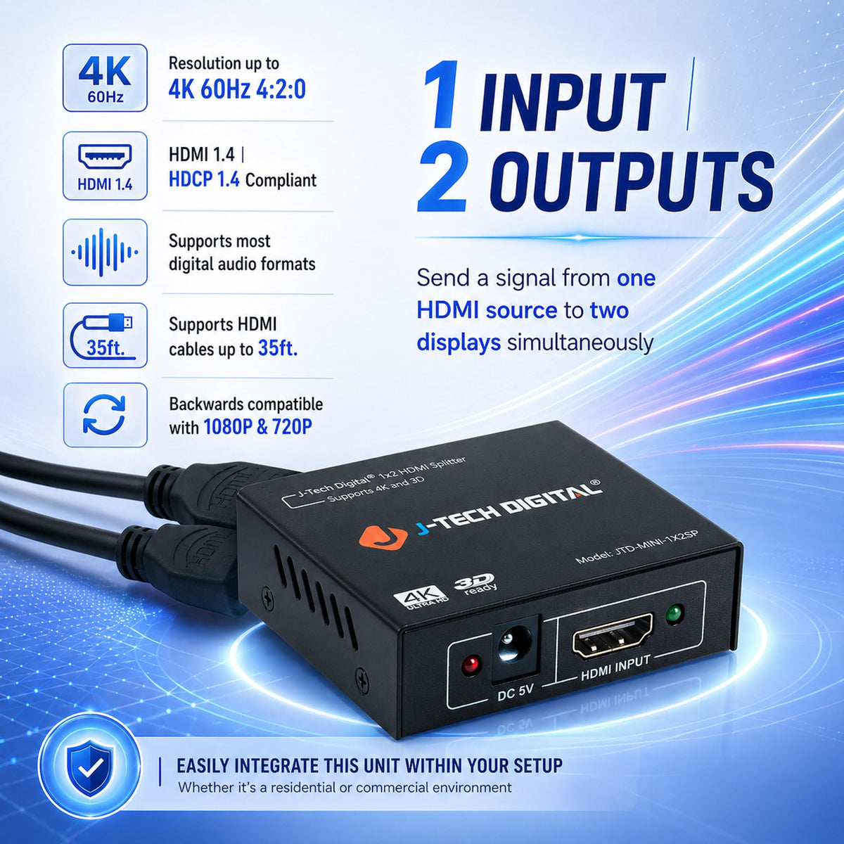 Back panel ports of J-Tech Digital 1x2 splitter enabling reliable dual display connections