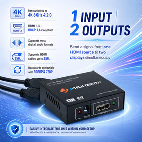 Back panel ports of J-Tech Digital 1x2 splitter enabling reliable dual display connections