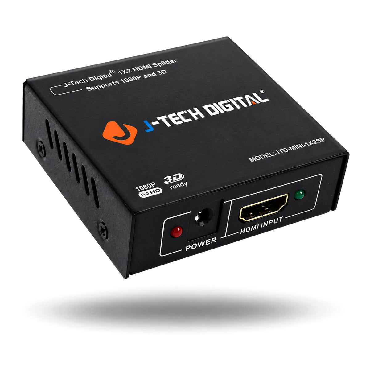 J-Tech Digital 4K60 1x2 splitter front view showing compact dual monitor setup