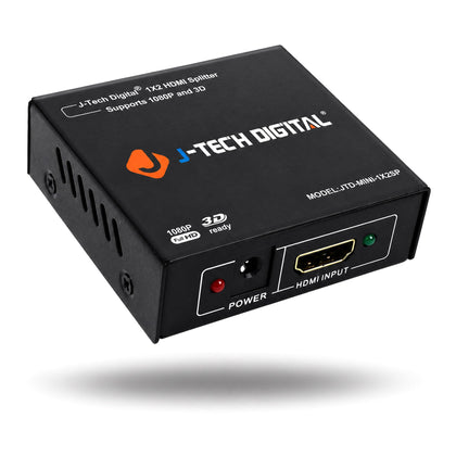 J-Tech Digital 4K60 1x2 splitter front view showing compact dual monitor setup