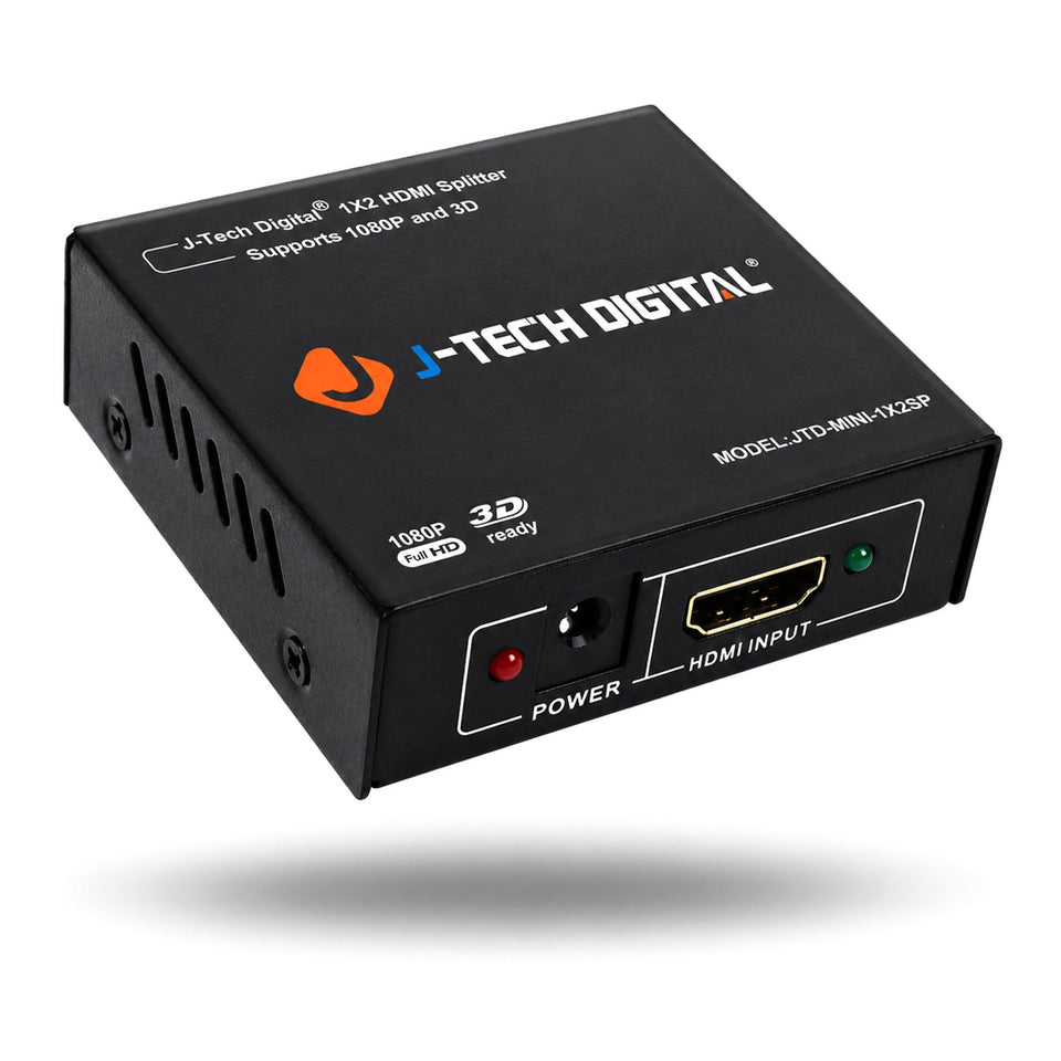 J-Tech Digital 4K60 1x2 splitter front view showing compact dual monitor setup