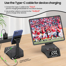 JTEMAN adjustable phone stand enables hands-free viewing with clock speaker.