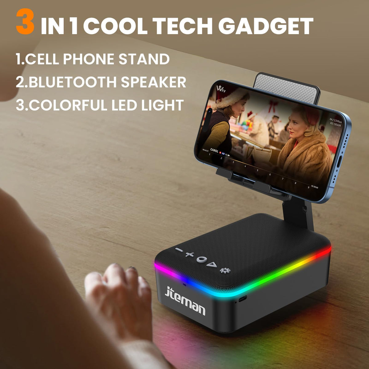JTEMAN Bluetooth speaker detail for crystal-clear sound and portable listening.
