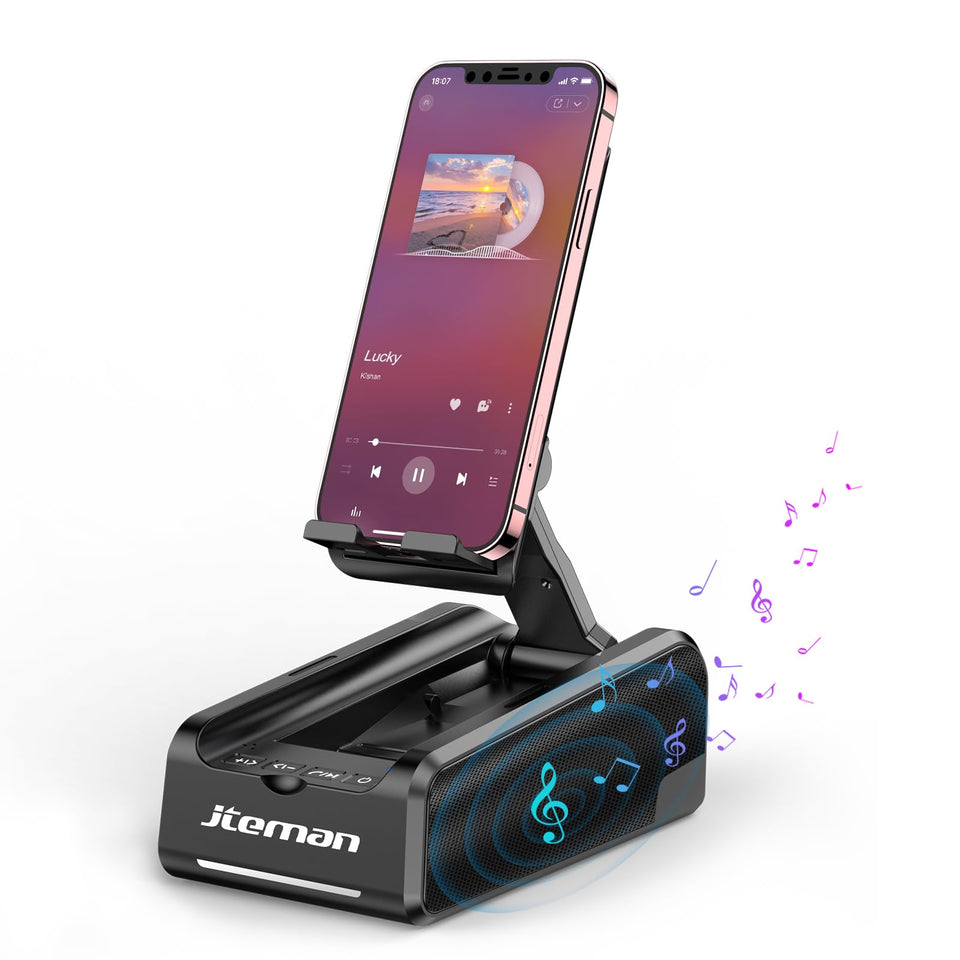 JTEMAN cell phone stand with Bluetooth speaker front view for hands-free use