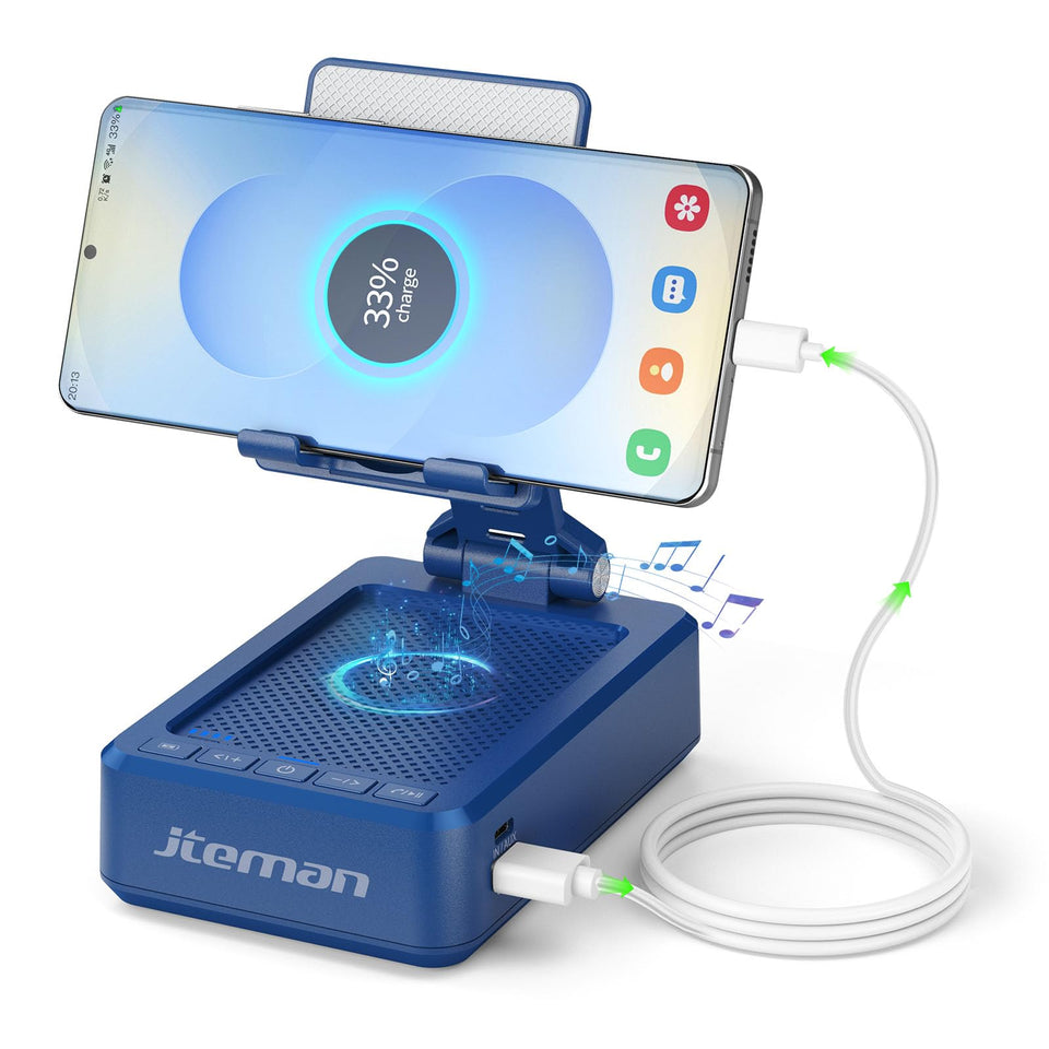 JTEMAN cell phone stand with Bluetooth speaker for hands-free calls and music