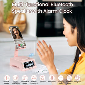 JTEMAN foldable wireless clock speaker displayed on a desk for easy time reading