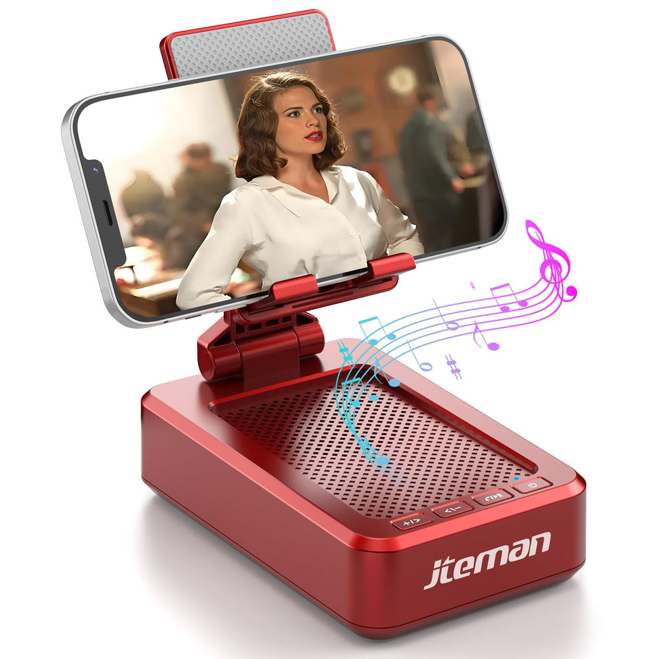 JTEMAN front view red stand speaker showing compact design and easy setup