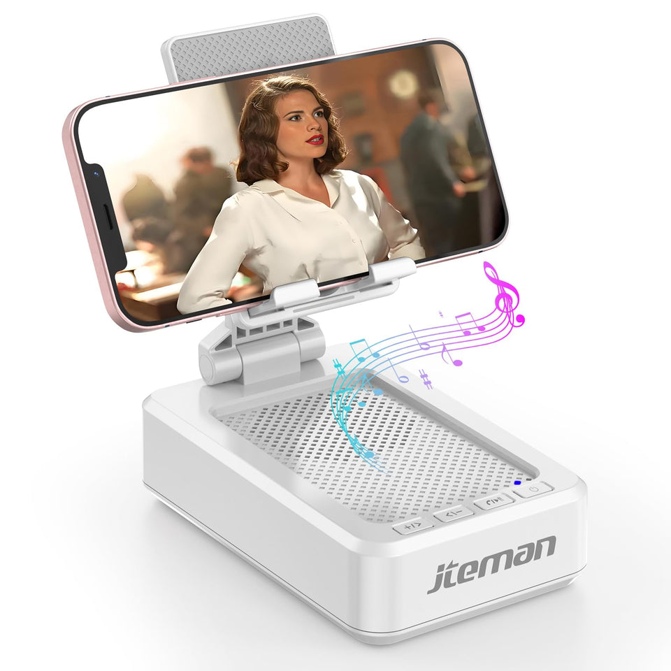 JTEMAN front view showing white speaker and phone holder for clear audio