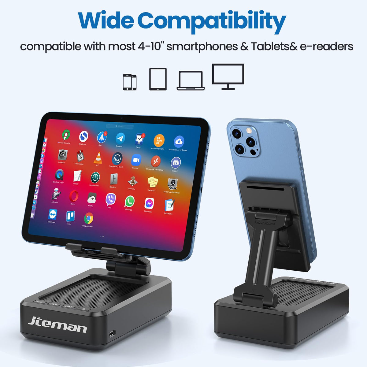 JTEMAN in use in kitchen with tablet showing recipe, hands‑free convenience