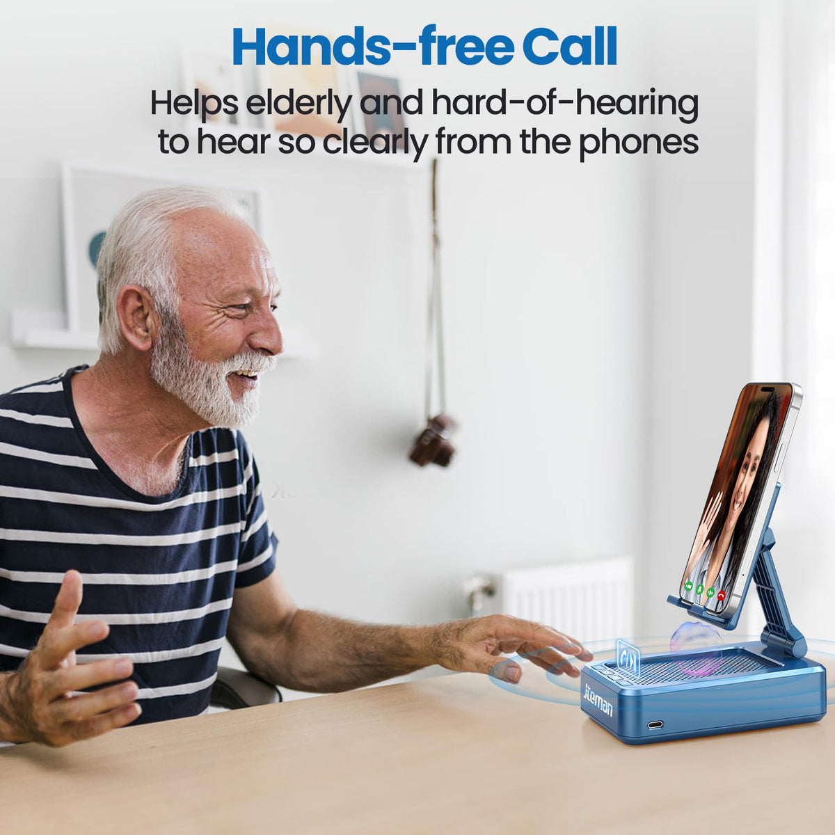 JTEMAN on desk during video call supporting phone and improving audio